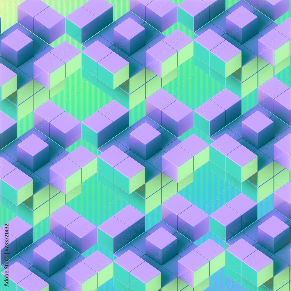 Aufkleber Digital illustration with a pattern of blue and purple squares arranged in a visually appealing way. 3d rendering