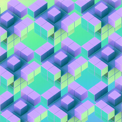 Digital illustration with a pattern of blue and purple squares arranged in a visually appealing way. 3d rendering