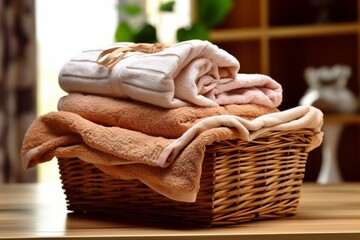 A pile of neat towels placed in a wicker basket on a table. Generative AI - obrazy, fototapety, plakaty