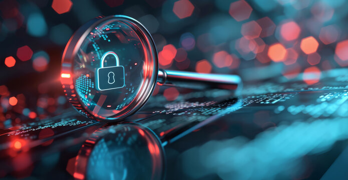 Magnifying glass with padlock icon on circuit board dark blue background with bokeh lights, concept of Https encrypted connection with SSL certificate, secured Internet browsing and safe searching