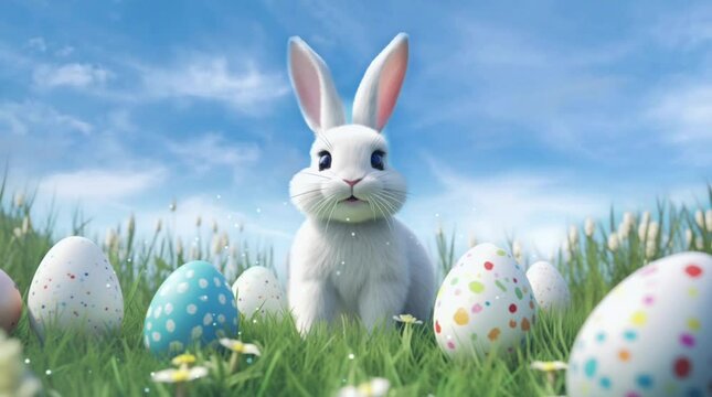 a cute white rabbit standing beside colorful hand painted eggs in green grass yard with clear blue sky easter egg day background animation