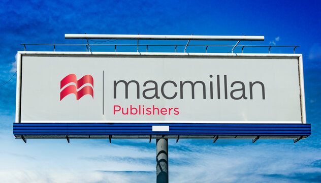 Advertisement billboard displaying logo of Macmillan Publishers