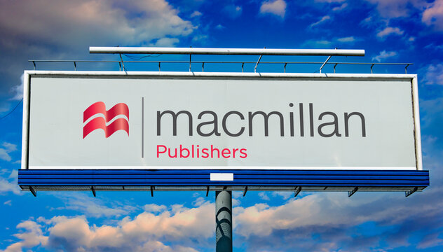 Advertisement billboard displaying logo of Macmillan Publishers