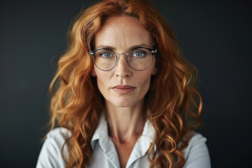 Obraz premium Beautiful fifty-year-old red-haired woman with glasses.
