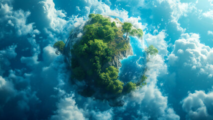 Obraz na płótnie Canvas A detailed Earth planet with trees, rocks and blue water on it, surrounded by clouds. Sustainable science concept composition.