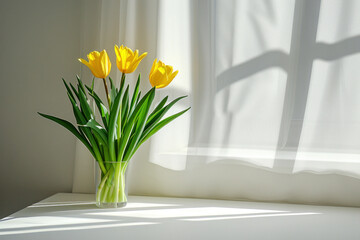 A bouquet of three yellow tulips in a vase on a sunny windowsill.