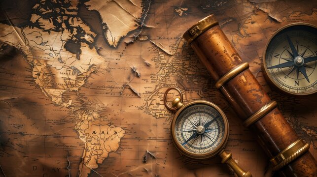 Vintage grunge still life. Antique items on wooden table. Travel geography navigation concept background.