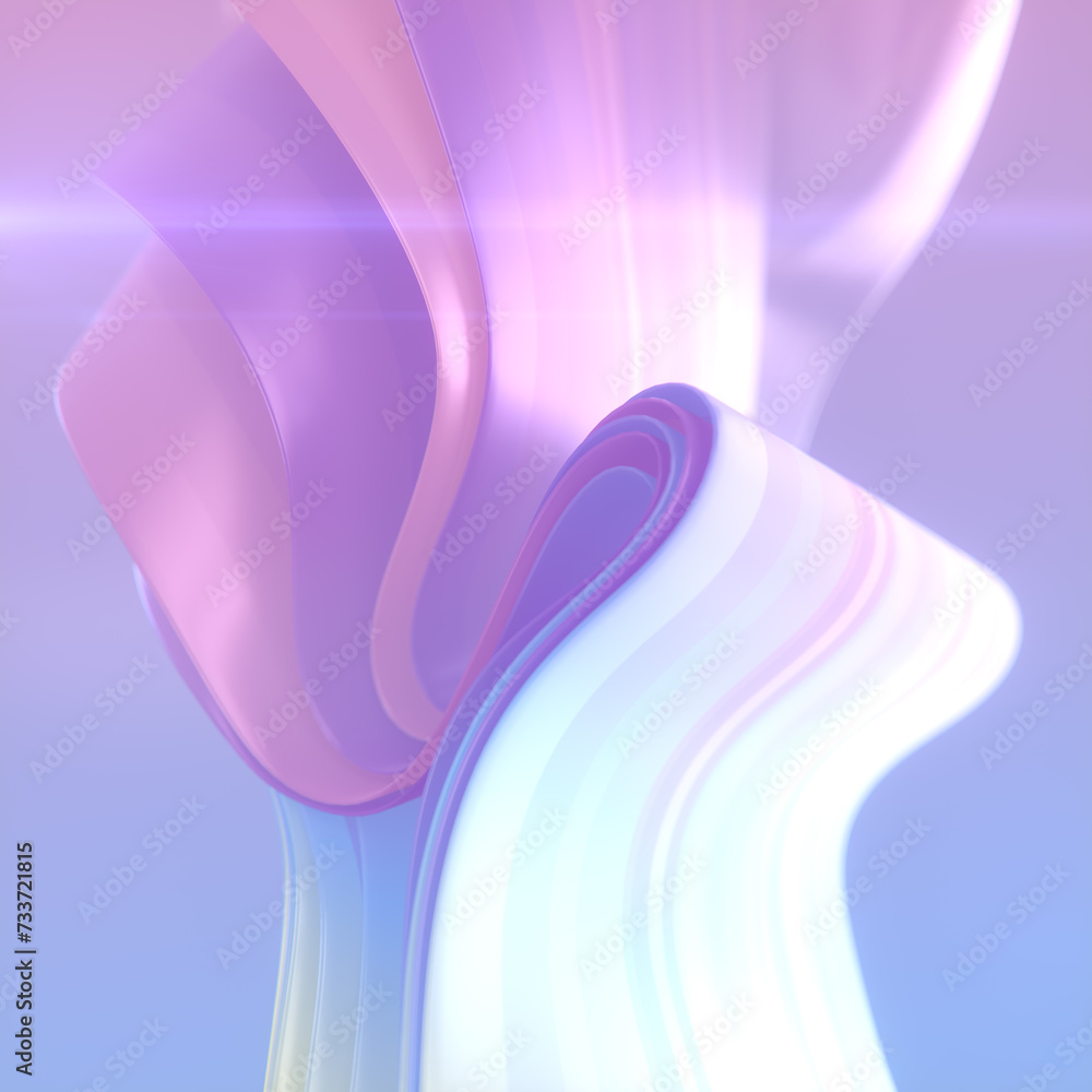 Poster Smooth wave of fabric stripes with trendy neon color gradient. 3d rendering abstract background. Digital illustration