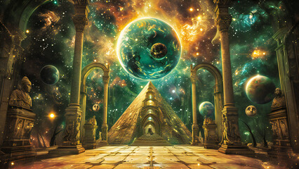 A pyramid of wisdom, surrounded by planets. Eternal temple of wisdom, esoteric, hermetic and cabal fantasy concept.