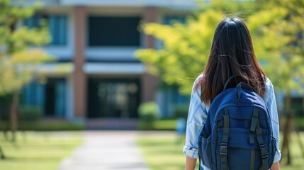 A teenage girl goes to school with a backpack on her back.
