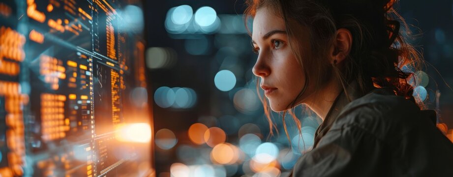 Intense close-up of a young woman. her eyes reflecting complex data from computer screens, highlighting concentration and analysis.