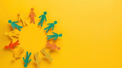 Celebrating Diversity. Paper Human Figures Stand in Unity on a Yellow Background, Embracing Inclusion with Space for Text. - obrazy, fototapety, plakaty