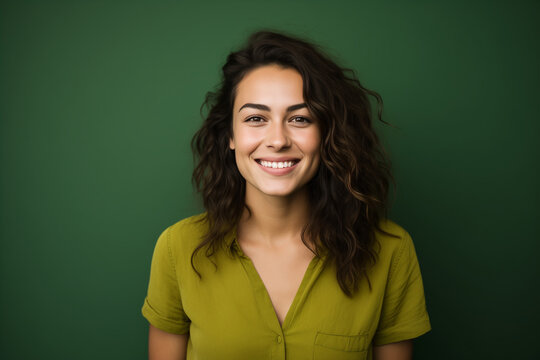 photo of a smiling woman in front of green background