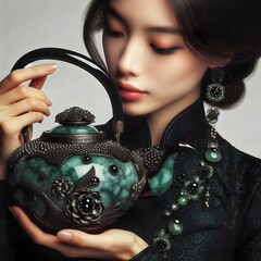 Asian Chinese lady with ornate jade jadeite teapot kettle on plain background, luxury avant garde...