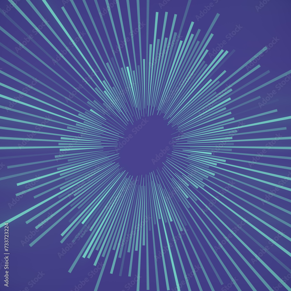 Poster purple background with large bright blue circle of lines in the center. 3d rendering digital illustr