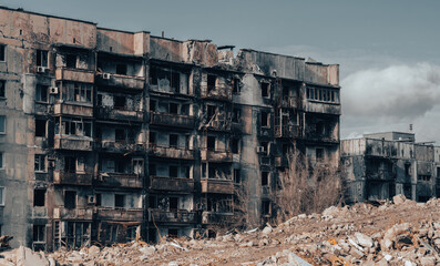 destroyed and burned houses in the city Russia Ukraine war