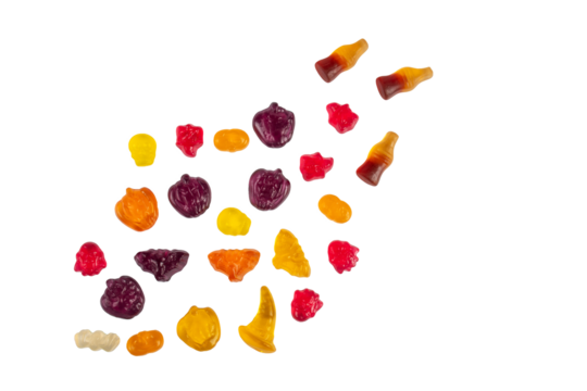 Assorted gummy candies, Juicy colorful jelly sweets. Gummy candies on transparent background