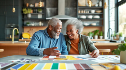 A senior African-American couple shares a light-hearted moment together, looking at color swatches across a modern kitchen table