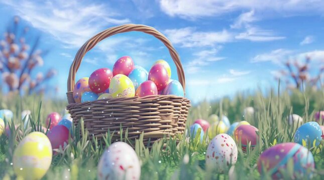 colorful hand painted eggs in the basket made of bamboo in the middle of green grass yard with clear blue sky easter egg day background animation