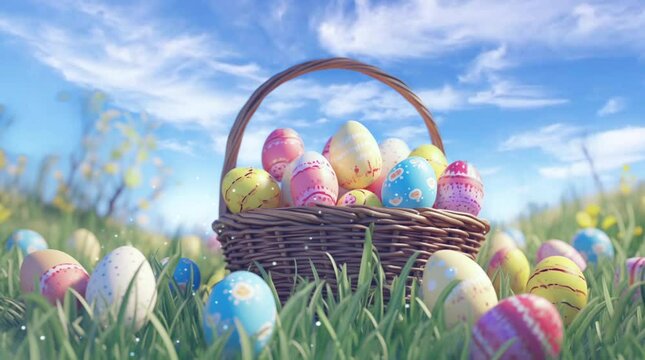 colorful hand painted eggs in the basket made of bamboo in the middle of green grass yard with clear blue sky easter egg day background animation