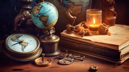 Vintage grunge still life. Antique items on wooden table. Travel geography navigation concept background.