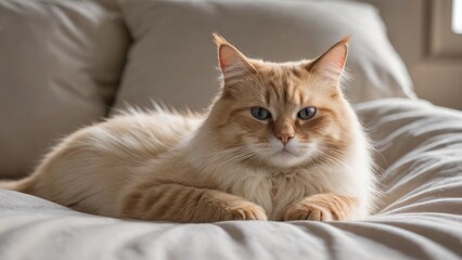 Red point birman cat lying on bed in the bedroom