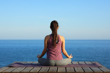 Back view portrait of a yogi doing yoga to the sea
