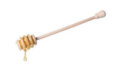 Fresh honey dripping from dipper on white background