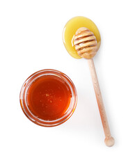Tasty natural honey, glass jar and dipper on white background, top view