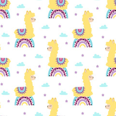 seamless pattern with llama, clouds, rainbow and starts, creative childish texture, great for fabric, textile, flat vector illustration