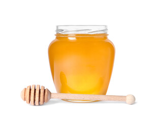 Tasty natural honey in glass jar and dipper isolated on white