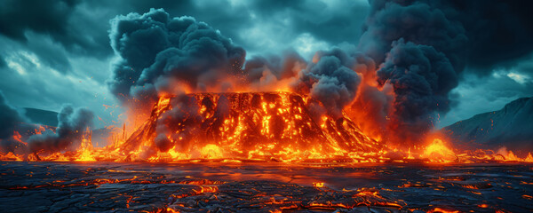 Fototapeta na wymiar impressive volcanic lava landscape, dramatic natural disaster, hell's flames, armageddon
