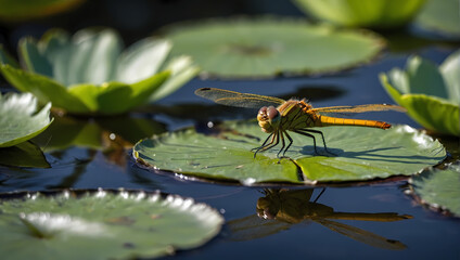 Detailed macro shot of a dragonfly resting on a pond lily pad.