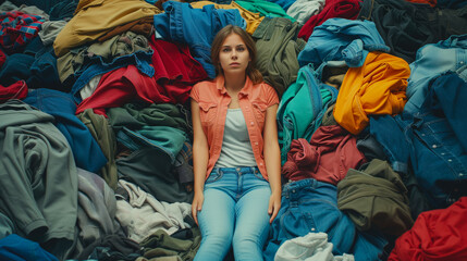 Woman in a pile of clothes. Shopaholic Concept and Environmental Costs of Fast Fashion. Recycling textiles. Excessive consumerism.