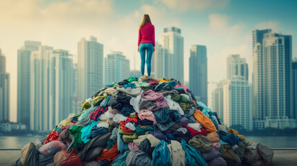 Woman stands on a huge pile of clothes against the backdrop of city skyscrapers. Shopaholic Concept and Environmental Costs of Fast Fashion. Recycling textiles. Excessive consumerism.