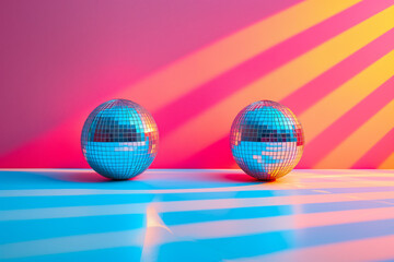 Fototapeta na wymiar Shiny disco balls on a pink and blue background. 80s disco concept. Romanticization of the past, candy-style nostalgia