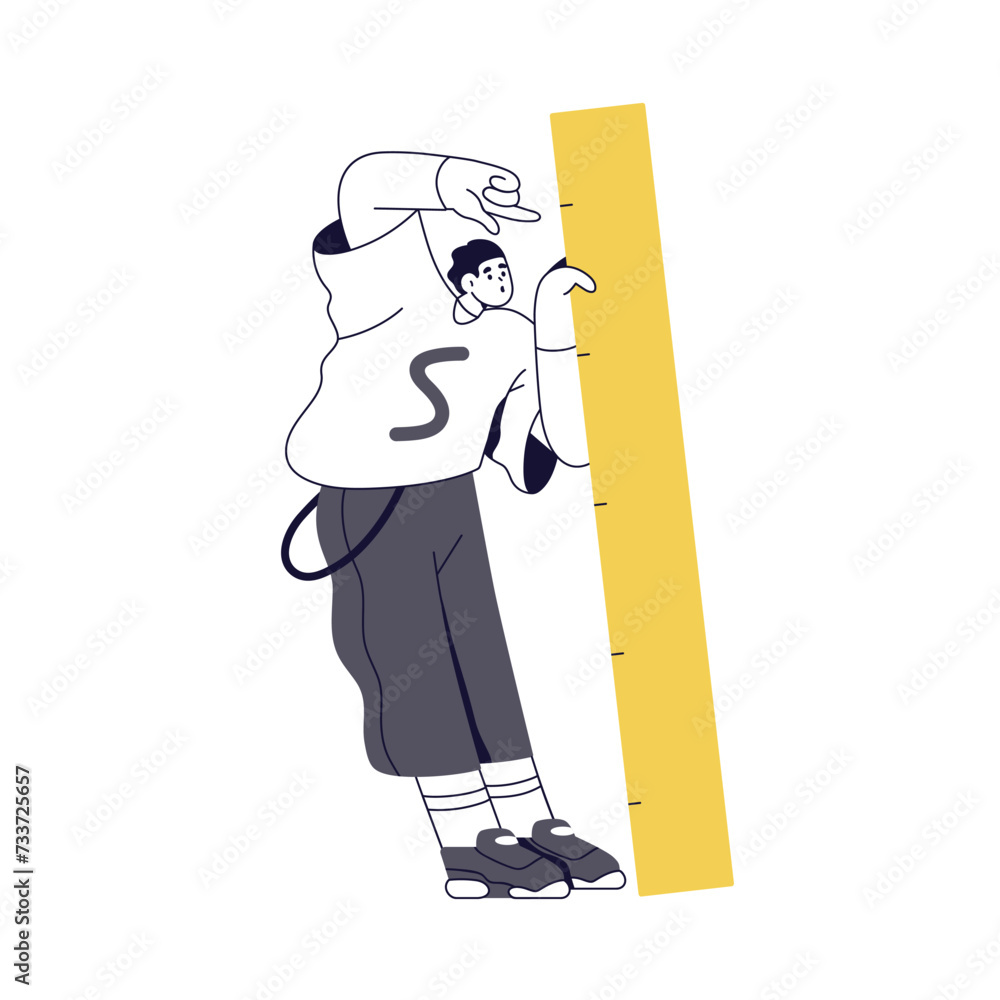 Poster tiny student holding ruler, measuring size and length. man character, designer, engineer with big me