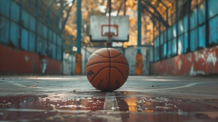 Basketball ball in the street basketball stadium, net blurred behind