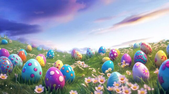 colorful hand painted eggs in the middle of green grass yard with clear blue sky easter egg day background animation