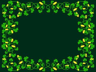 Frame of clover leaves and gold coins for St. Patrick's Day. Border with shamrocks and gold coins. Frame design for text, greeting card and invitation. Vector illustration