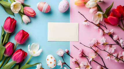 Naklejka na ściany i meble Photo of a spring-themed flat lay with tulips, cherry blossoms, decorated eggs, and a blank card on a pink and blue background