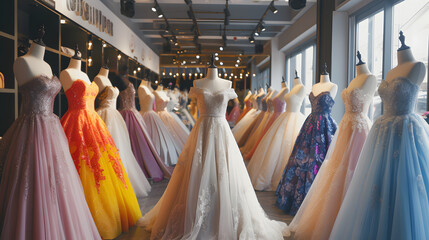 Photo of a variety of bridal gowns on mannequins in a wedding dress boutique - obrazy, fototapety, plakaty