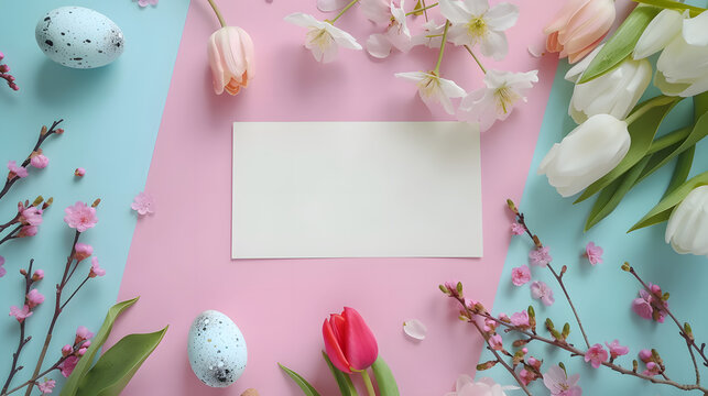 Photo of a spring-themed flat lay with tulips, cherry blossoms, decorated eggs, and a blank card on a pink and blue background