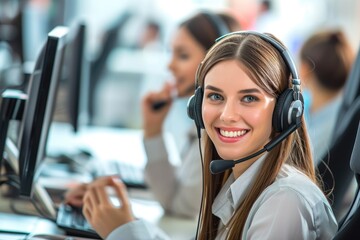 Many call center employees chat with customers with friendly smiles.