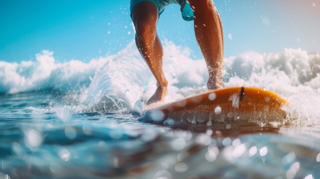 Surfer surfing on the sea waves, close up from low angle, wavy ocean water