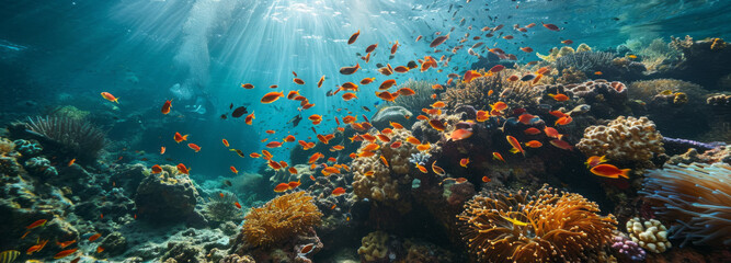 Sunbeams penetrate the ocean surface, illuminating a bustling underwater world of coral reefs...