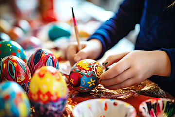 Close-up of child's hands painting colorful Easter eggs. Concept holiday, handmade. - Powered by Adobe