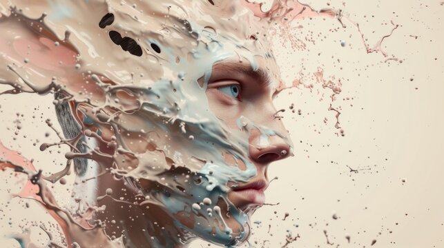 Face of a young man in pastel colors paint splashes. Splashes of colored liquid around a female's head