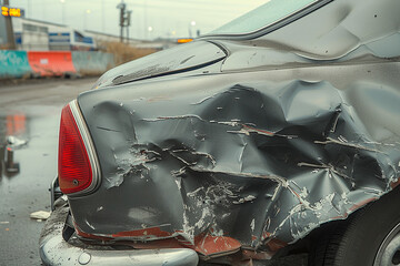 car get damaged by accident on the road car accident, damage, collision, body corrosion, old cars, rotten, cracked paint, peeling coating, broken vehicle parts, environmental damage, dangerous driving