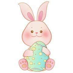 A little rabbit sits and hugs a big egg with hand draw illustration.